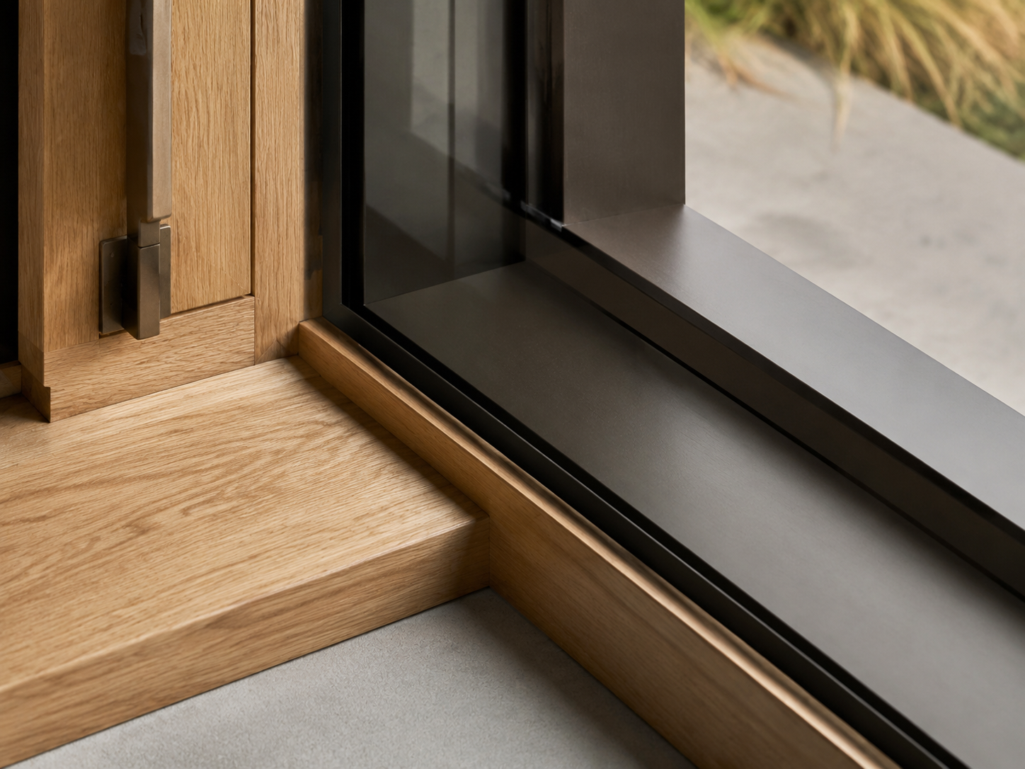 Detail eines Holz-Aluminium-Fensterprofils mit Eichenholz und dunkler Aluminiumschale
