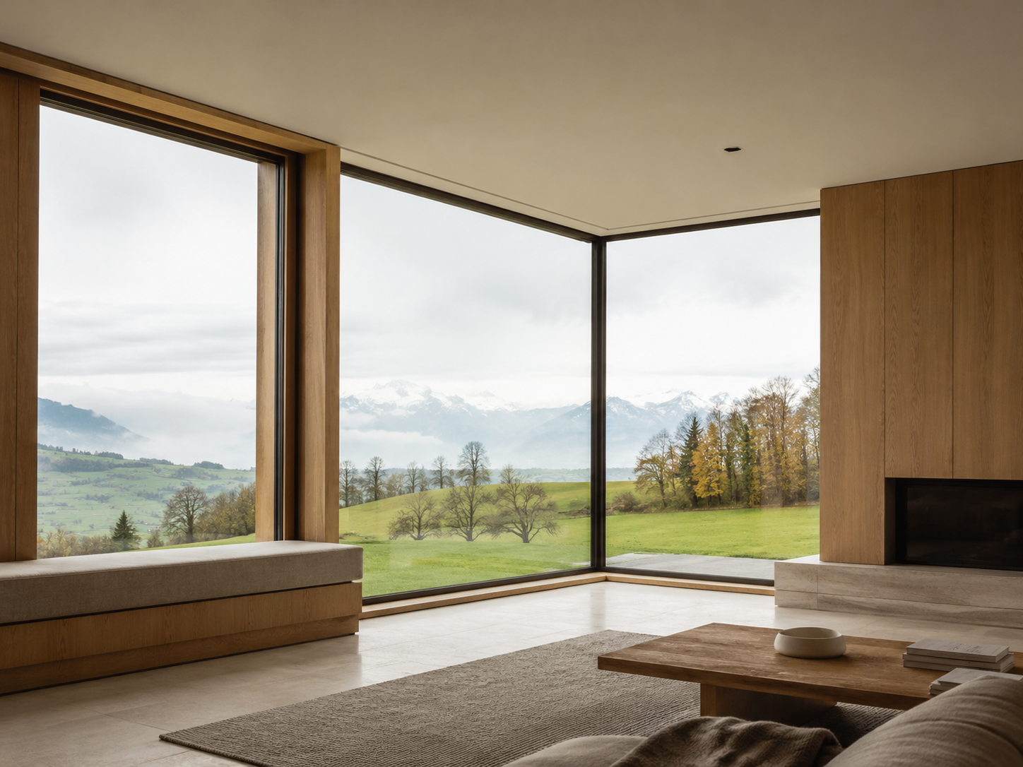 Minimalistischer Wohnraum mit grossflächigen Holz-Aluminium-Fenstern